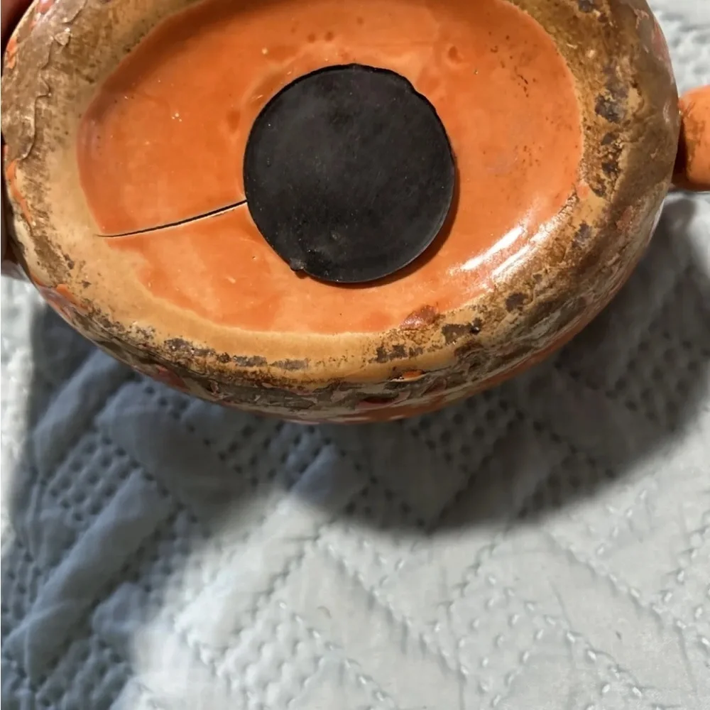 Vintage Orange Rustic Ceramic Teapot Birdhouse 9”
